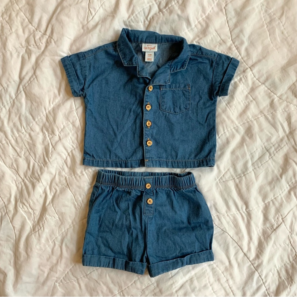 Cat & Jack Blue Denim Button-Up Shirt and Shorts Set 3-6m